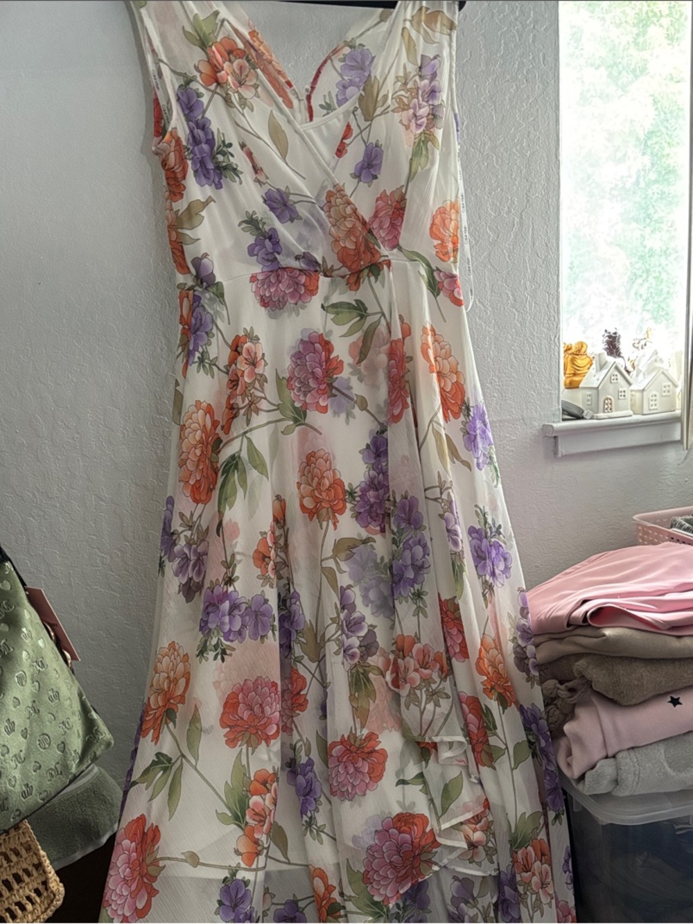 Calvin Klein White Floral Maxi Dress with Orange & Purple Blooms